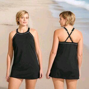 Blue, Green, White Lands' End High Neck Swim Dress Swimsuit Women's Size 18